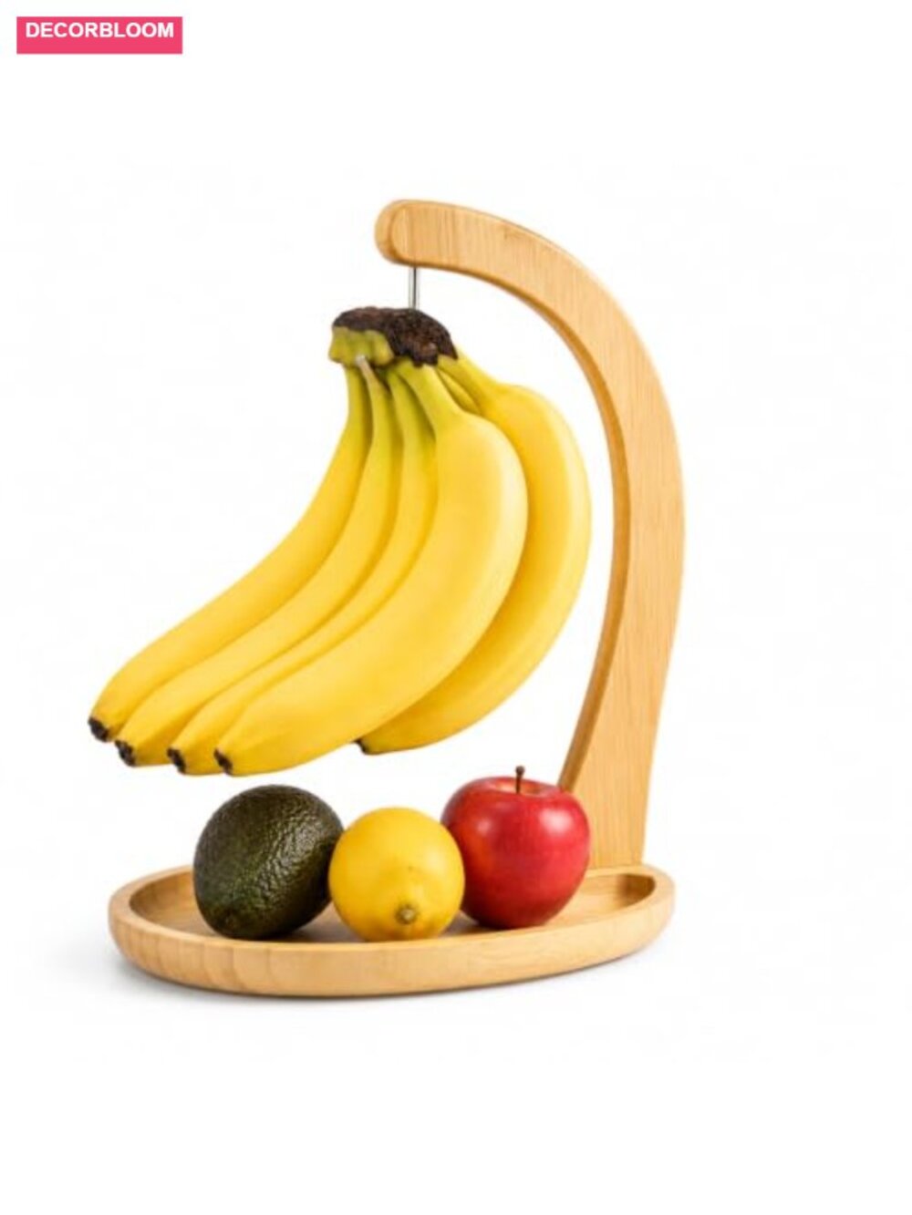 Bamboo Banana Hanger Stand with Fruit Tray 12.9in Extra Tall Wooden Bowl